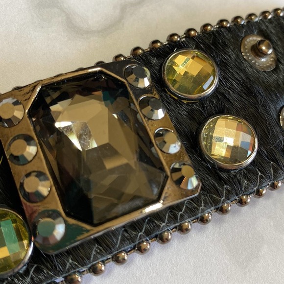 Leather Rhinestone and Cow Hair Leather Bangle Cuff Bracelet - Picture 4 of 4